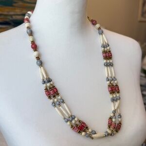 Vintage Bone & Stone Multi Strand Boho Necklace Pink Blue Natural Beads